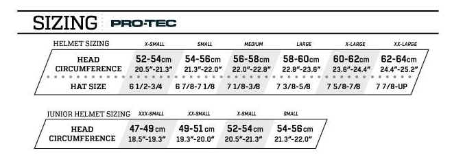 Pro-Tec Sizing Chart